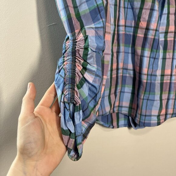 Isabel Marant Esmee Twisted Plaid Puff Shoulder Blouse in Blue Pink Green‎ - Picture 9 of 14